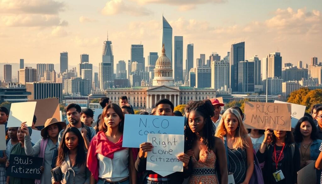 A bustling city skyline in the background, with towering skyscrapers and a vibrant urban landscape. In the foreground, a group of people representing a diverse non-governmental organization (NGO) or civil society group, standing united and advocating for the rights of citizens. They are holding placards and banners, their faces determined and passionate, illuminated by warm, natural lighting that casts dynamic shadows. The middle ground features a backdrop of government buildings, symbolic of the institutions they aim to influence. The overall scene conveys a sense of collective action, empowerment, and the vital role of NGOs in safeguarding the rights and well-being of the citizenry.