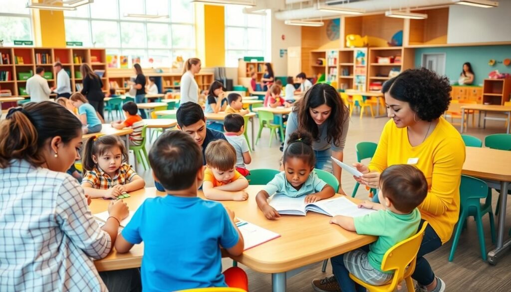 A bustling early childhood education center, with bright and colorful classrooms filled with engaged children. In the foreground, educators diligently observe and assess student progress, using a variety of tools and methods. The middle ground showcases collaborative planning sessions, where teachers review data and devise targeted strategies to enhance learning outcomes. In the background, a modern, well-equipped facility with ample natural light and inviting play areas, reflecting a commitment to creating a nurturing, stimulating environment for young minds. The scene conveys a sense of dynamic, purposeful activity, where continuous quality improvement is the guiding principle.