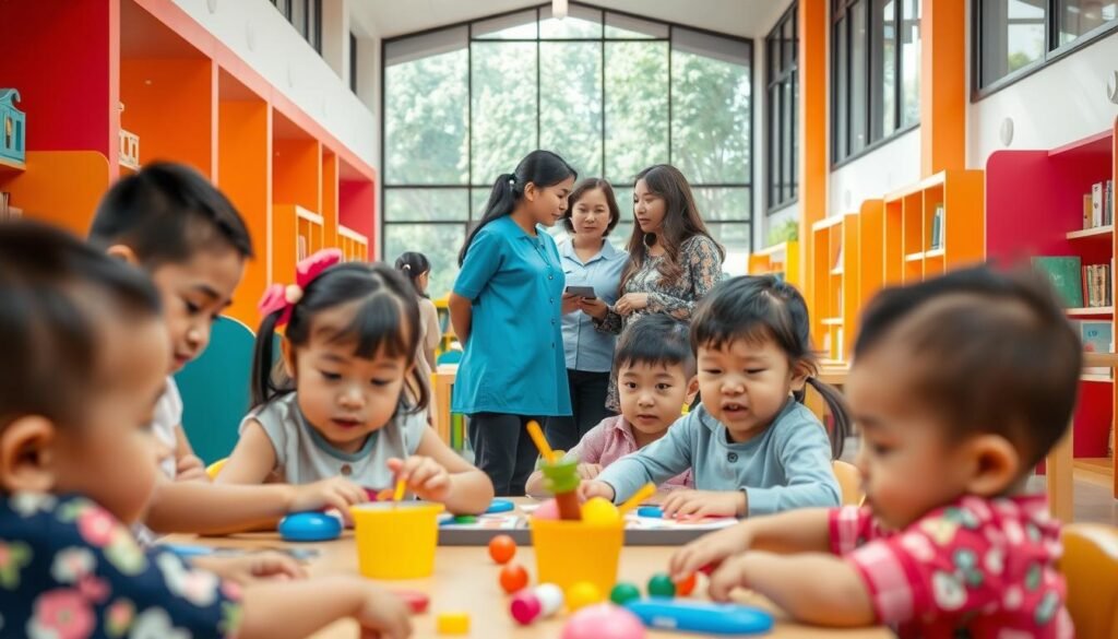 A bustling early childhood education center, with vibrant colors and a warm, inviting atmosphere. In the foreground, children engage in various hands-on learning activities, their faces alight with curiosity and joy. The middle ground showcases a group of teachers collaborating, discussing lesson plans and student progress. In the background, the school's modern architecture frames the scene, with large windows allowing natural light to flood the space. The overall mood is one of dynamic learning and a nurturing educational environment, capturing the essence of a successful PAUD program in Indonesia.