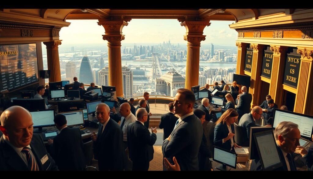 A bustling global gold trading spot market, captured in a cinematic wide-angle view. In the foreground, traders gesticulate animatedly, brows furrowed in concentration as they monitor electronic displays and negotiate deals. The middle ground reveals a grand, ornate trading hall, columns and arches framing the dynamic activity. In the background, a panoramic cityscape stretches out, skyscrapers and bridges hinting at the interconnected nature of this international marketplace. Warm, golden lighting casts a sense of urgency and importance over the scene, while a sophisticated camera angle and depth of field draw the viewer into the heart of this pivotal financial hub.