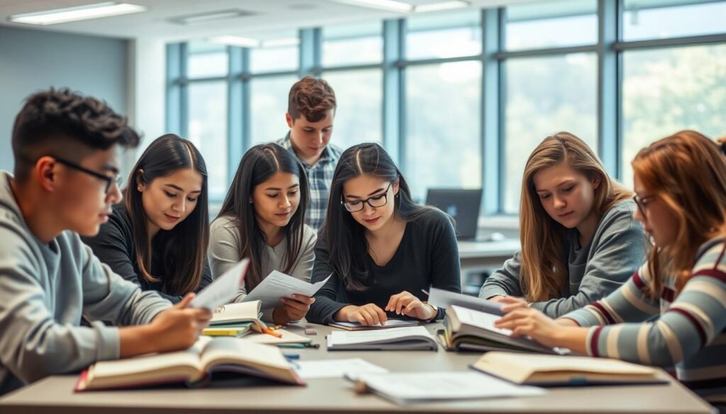 A classroom setting with students diligently engaged in various learning activities. The foreground features a group of high school students gathered around a table, their faces focused and expressions contemplative as they pore over their study materials. In the middle ground, a teacher moves amongst the students, offering guidance and feedback. The background depicts a well-lit, modern classroom, with large windows allowing natural light to flood the space, creating a sense of openness and productivity. The lighting is soft and evenly distributed, accentuating the students' facial features and the details of their work. The overall atmosphere conveys a sense of academic rigor, intellectual discourse, and the positive impact of guided inquiry on the students' learning outcomes.