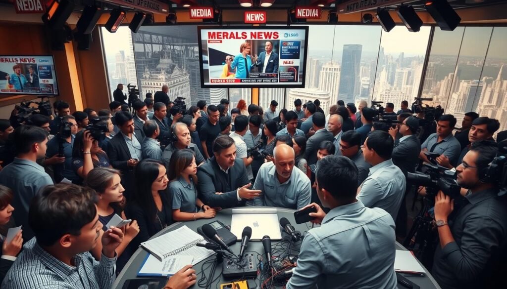 A crowded newsroom, bustling with activity, where journalists diligently gather and disseminate information. At the center, a large screen displays headlines and breaking news, highlighting the media's role in amplifying the voices of citizens and advocating for their rights. In the foreground, a group of reporters engage in lively discussions, their expressions conveying a sense of purpose and determination. The middle ground features an array of modern communication tools, from laptops to microphones, symbolizing the media's ability to reach a wide audience. In the background, a vibrant cityscape serves as a backdrop, underscoring the media's vital connection to the community it serves. The scene is bathed in warm, natural lighting, creating an atmosphere of transparency and trust, reflecting the media's responsibility to shine a light on issues of justice and equality.
