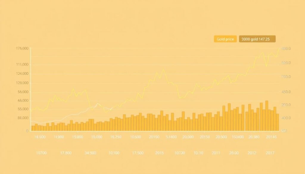 A detailed financial chart displaying the latest gold price data from ANTAM, the Indonesian state-owned gold mining company. The chart is presented against a clean, minimalist background, with a warm, muted color palette evocative of precious metals. The data is visualized through clean, modern line graphs and bar charts, allowing for easy analysis of price trends and fluctuations. The overall composition conveys a sense of professionalism and analytical clarity, suitable for illustrating a section on gold price analysis in a journalistic article.