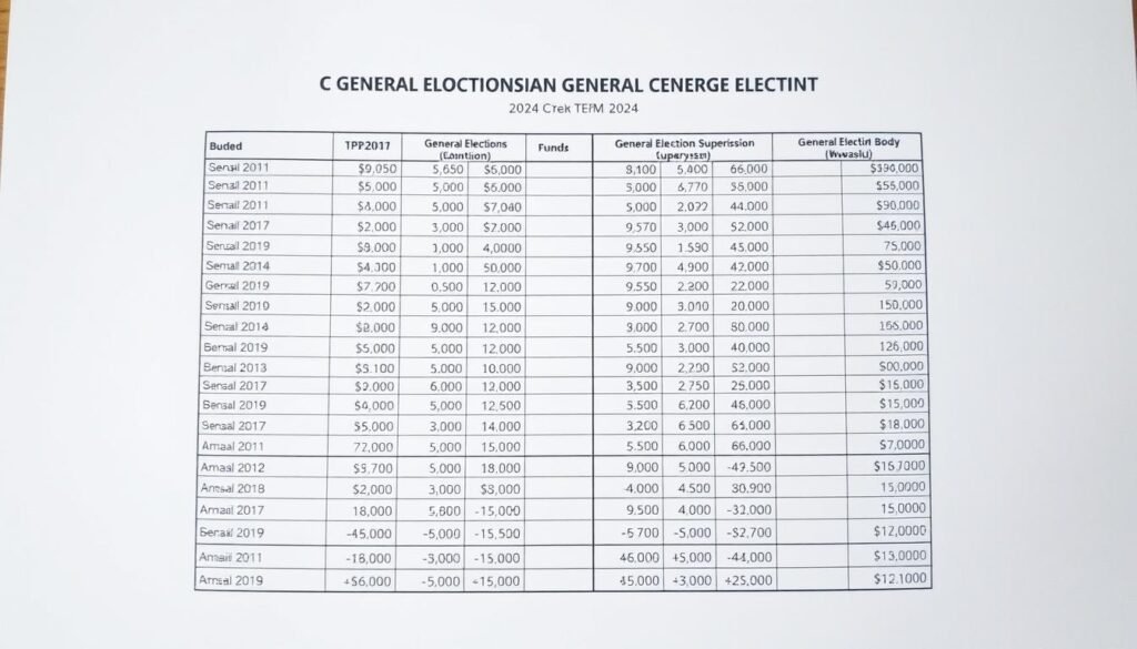 A detailed spreadsheet displaying the line-item budget allocations for the 2024 Indonesian general election, with clear categorization of funds for the General Elections Commission (KPU) and the General Election Supervisory Body (Bawaslu). The spreadsheet is shown in a clean, professional layout with crisp typography and precise numerical data, set against a muted, neutral background that emphasizes the informational content. The overall composition conveys a sense of transparency and clarity, reflecting the important public interest nature of this budgetary information.