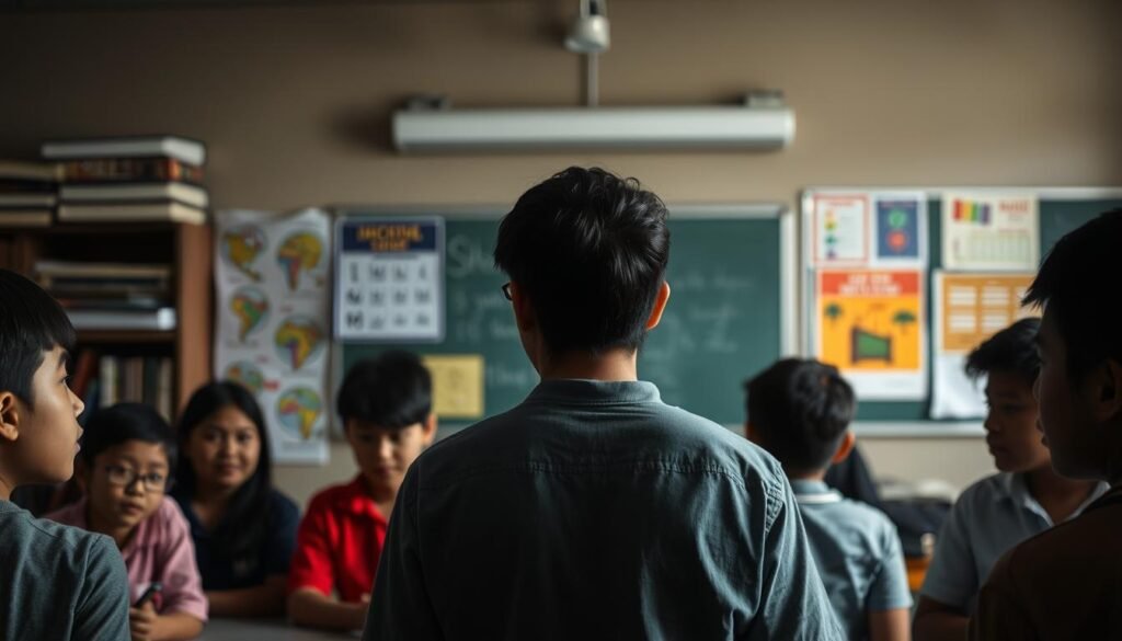 A dimly lit classroom interior, with a teacher standing at the front, facing a group of attentive students. The teacher's expression conveys a sense of thoughtful contemplation, their brow furrowed as they consider the challenges of guiding their students through the inquiry-based learning process. In the background, textbooks, educational posters, and a chalkboard create a sense of academic atmosphere. The lighting is soft and muted, creating a contemplative mood. The composition places the teacher in the center, surrounded by the students, reflecting the collaborative nature of the guided inquiry approach. The scene captures the essence of the "Tantangan dan Solusi dalam Penerapan" (Challenges and Solutions in Implementation) section of the article.