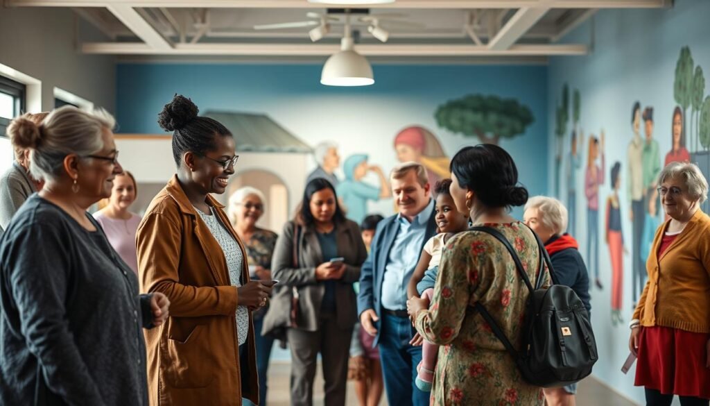 A diverse group of people representing vulnerable communities, including the elderly, disabled, and low-income families, gathered in a warm, welcoming public space. The scene is bathed in soft, diffused lighting, creating an atmosphere of inclusivity and compassion. In the foreground, a social worker assists an elderly person, while in the middle ground, a family with young children interacts with a caseworker. In the background, a mural depicting scenes of community support and social services adorns the walls, complementing the overall theme of accessible social services for all. The composition emphasizes the importance of providing equitable access to essential resources and support for those in need.