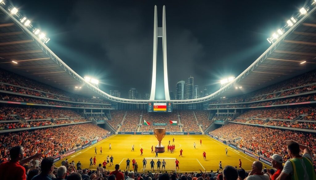 A grand stadium in the heart of an international city, bathed in the warm glow of floodlights. In the foreground, players from diverse nations engage in a fierce yet elegant display of skill, vying for the coveted Intercontinental Cup trophy. The crowd, a tapestry of vibrant colors and animated expressions, fills the stands, their roars echoing through the night. The middle ground features the iconic architecture of the venue, its sleek design and towering facade reflecting the global nature of the competition. In the background, the skyline of the host city shimmers, a testament to the international scope and significance of this prestigious event - the Piala Dunia Antarklub 2025.