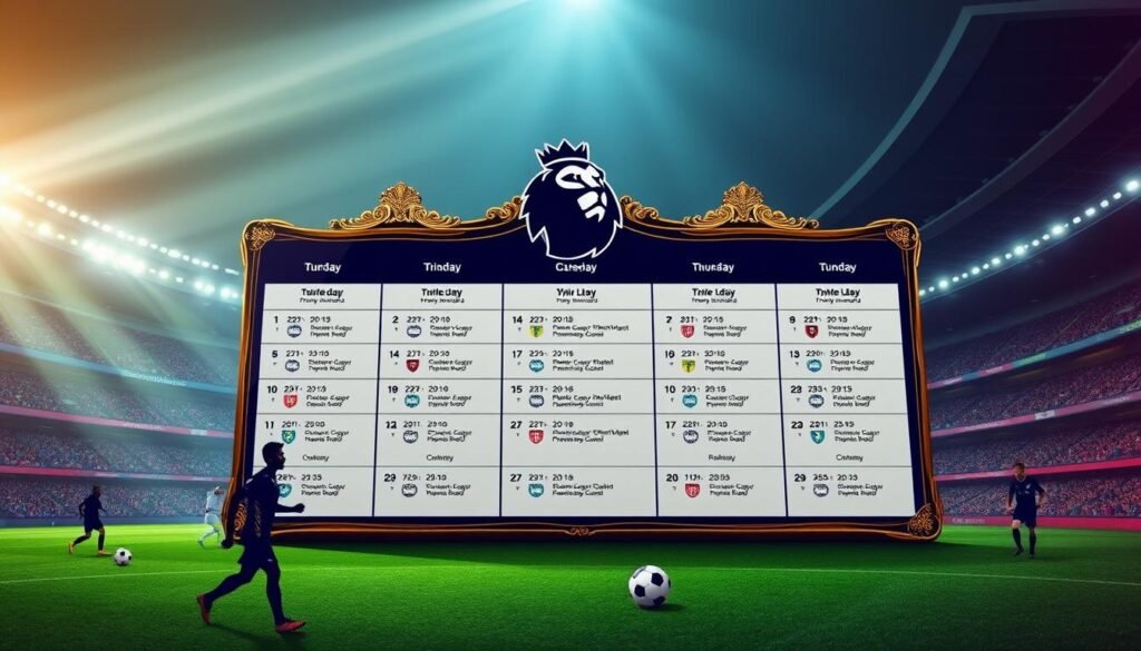 A high-quality, detailed image of the 2025 Premier League transfer schedule. The foreground should feature a large, ornate calendar display with the Premier League logo prominently showcased. The calendar should show key dates and deadlines for the upcoming transfer window, presented in a clean, organized manner. The middle ground should include illustrated player silhouettes, jerseys, and soccer balls to reinforce the football/transfer theme. The background should depict a professional sports stadium interior, with sleek, modern architectural elements and dramatic lighting creating an atmosphere of prestige and importance. The overall composition should convey a sense of authority, anticipation, and the high-stakes nature of the Premier League transfer period.