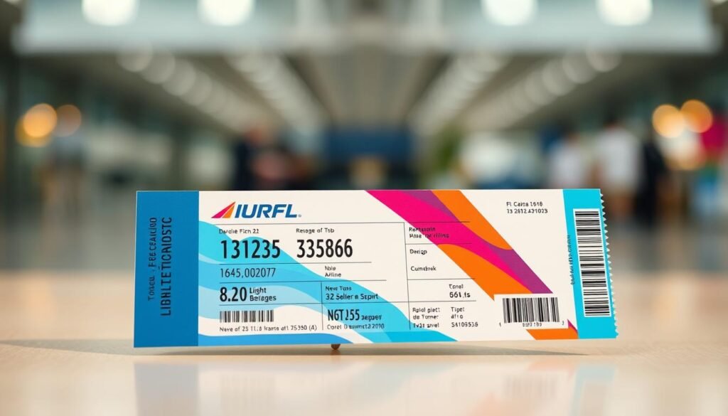 A high-quality, realistic airline ticket with vibrant colors, sharp details, and a modern, minimalist design. The ticket should prominently feature the airline logo, flight details, and pricing information. The background should have a subtle, blurred pattern or texture suggestive of an airport or travel theme. The overall composition should convey a sense of professionalism, efficiency, and attention to detail, reflecting the high-quality nature of international sporting event travel.