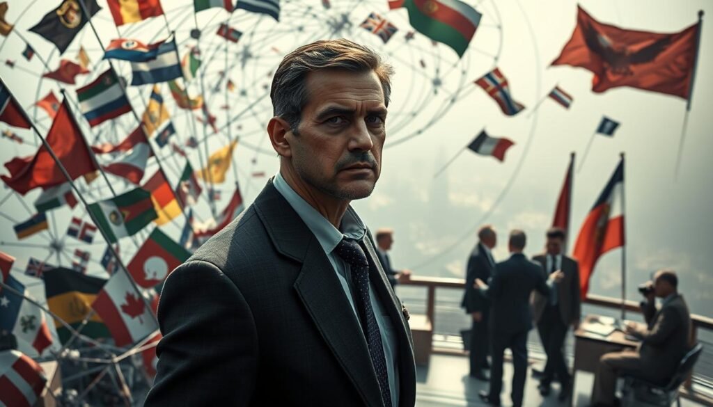 A high-resolution, photo-realistic image of a diplomat navigating a complex web of global affairs. The diplomat stands in the foreground, face etched with determination, surrounded by a swirling vortex of international flags, diplomatic documents, and communication devices. In the middle ground, world leaders engage in tense negotiations, their body language conveying the gravity of the situation. The background is a hazy, ethereal landscape, hinting at the broader geopolitical landscape and the challenges inherent in effective global diplomacy. Dramatic lighting casts dramatic shadows, adding to the sense of tension and importance. Captured through the lens of a high-quality DSLR camera, the image exudes a sense of authority and professionalism.