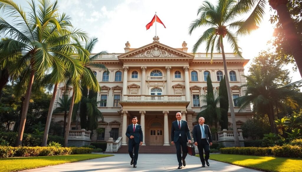 A majestic Indonesian embassy building stands tall, its neoclassical architecture exuding an aura of diplomacy and global influence. Lush tropical gardens surround the complex, with palm trees swaying gently in the warm breeze. The façade is adorned with intricate carvings and ornate details, reflecting the rich cultural heritage of the nation. Sunlight filters through the windows, casting a warm glow over the scene. In the foreground, diplomats in formal attire stride purposefully, engaged in animated discussions, symbolizing Indonesia's active role on the international stage. The image conveys a sense of authority, sophistication, and Indonesia's strategic diplomacy that shapes global affairs.