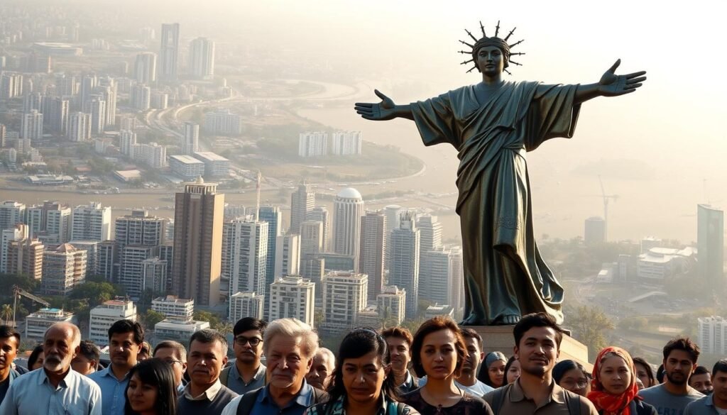 A majestic statue stands tall, its weathered bronze surface gleaming in the warm afternoon light. The figure represents the embodiment of social justice, its outstretched arms symbolizing the embrace of equality and the protection of the vulnerable. In the foreground, a group of diverse individuals gathers, their faces reflecting a sense of unity and purpose as they strive towards a more just and equitable society. The background is a bustling cityscape, a tapestry of towering skyscrapers and winding streets, a testament to the ongoing struggle for social progress. The scene is imbued with a sense of determination and hope, a visual representation of the relentless pursuit of "Keadilan Sosial."