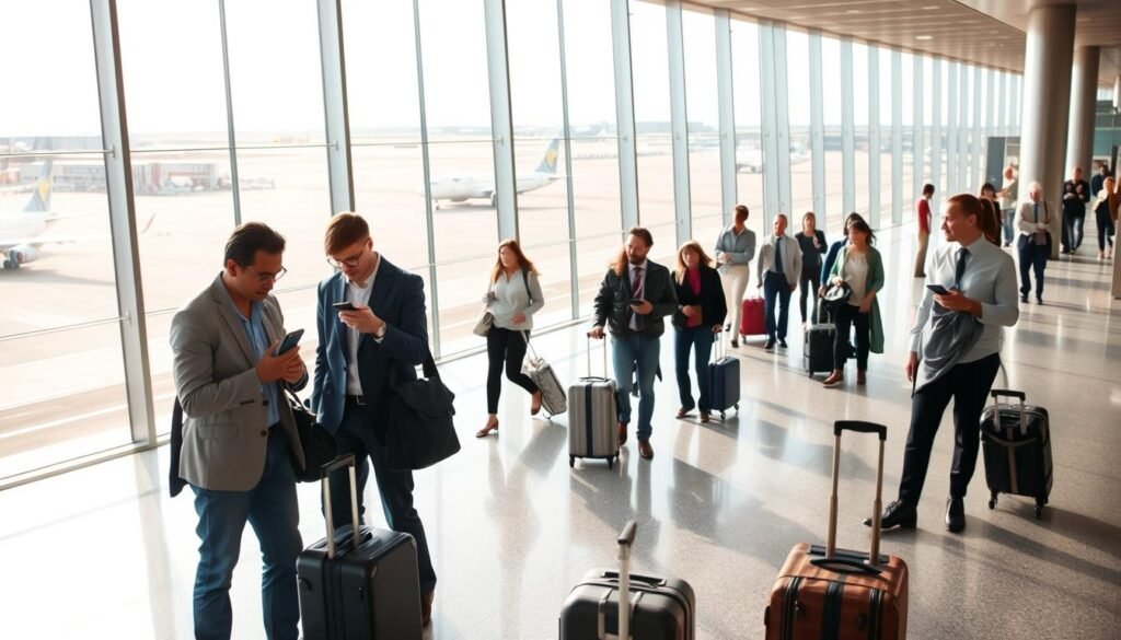A modern airport terminal with an abundance of natural light streaming in through large windows. In the foreground, a group of travelers carefully examining flight schedules and comparing options on their smartphones. In the middle ground, a mix of business and leisure travelers navigating the terminal, suitcases in hand. The background showcases the tarmac, with a variety of aircraft taking off and landing, creating a sense of anticipation and adventure. The overall atmosphere is one of efficiency, organization, and the excitement of travel, setting the stage for choosing the perfect flight for an upcoming sports event.