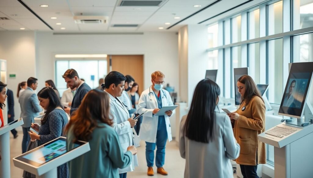 A modern medical clinic with a warm, inviting atmosphere. The foreground features a group of diverse patients interacting with digital interfaces on sleek, touchscreen kiosks. In the middle ground, doctors and nurses utilize cutting-edge tablets and monitors to efficiently manage patient records and coordinate care. The background showcases a clean, well-lit interior design with large windows allowing natural light to flood the space. Subtle, ambient lighting casts a soft glow, and the color palette incorporates calming tones of blue and green. The overall scene conveys a sense of innovation, accessibility, and personalized healthcare catered to the needs of the community.