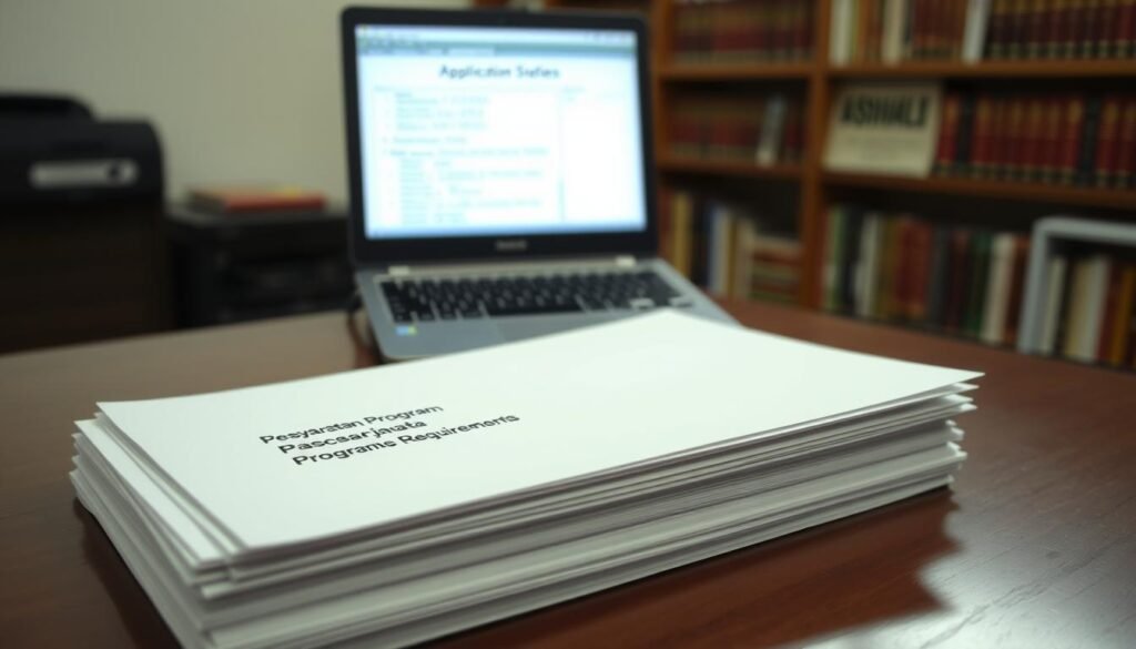 A serene academic setting, bathed in soft, diffused lighting. In the foreground, a stack of official-looking documents with a title reading "Persyaratan Program Pascasarjana" (Postgraduate Program Requirements), neatly arranged on a polished wooden desk. The middle ground features a laptop computer, its screen displaying a list of program details and application guidelines. In the background, a bookshelf laden with volumes on higher education and academic research, conveying an atmosphere of scholarly pursuit. The overall scene evokes a sense of order, diligence, and the dedicated effort required to navigate the path of postgraduate studies.