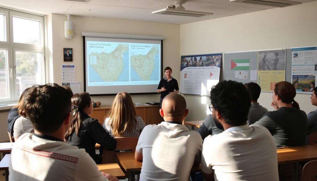 A serene classroom setting, with students engaged in lively discussions about the complex geopolitical issues surrounding the Palestinian territories. Sunlight streams through large windows, casting a warm glow over the scene. At the front, a teacher stands beside a projection screen displaying historical maps and photographs, guiding the class through the nuances of this longstanding conflict. Posters and educational materials line the walls, providing context and fostering a deeper understanding of the Palestinian struggle for self-determination. The students, a diverse group, listen intently, their expressions a mix of thoughtfulness and concern. The atmosphere is one of respectful dialogue, as they grapple with the social and humanitarian implications of this protracted crisis.