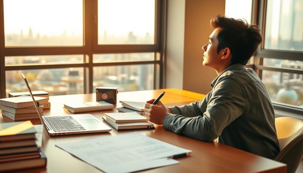 A serene study setting with a strategist's desk, featuring an open laptop, a stack of reference books, and a well-organized workspace. Warm natural lighting filters through tall windows, casting a soft glow on the scene. In the foreground, a thoughtful student sits, pen in hand, contemplating their plan for a successful international scholarship application. The background showcases a panoramic view of a bustling city skyline, hinting at the global opportunities that await. The overall atmosphere exudes focus, determination, and a sense of possibility, capturing the essence of "strategi sukses beasiswa internasional".