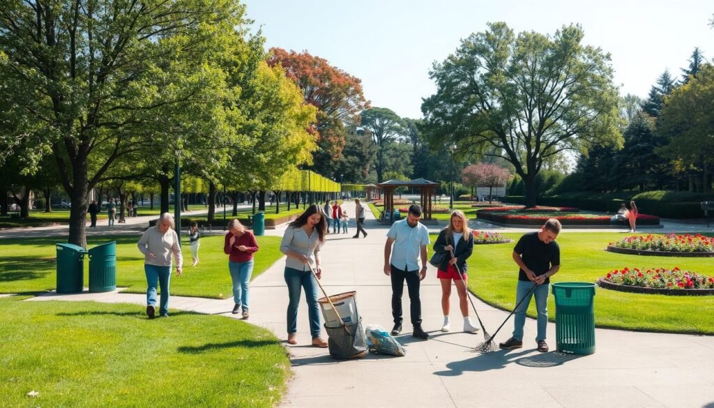 A serene, well-maintained public park with lush greenery, clean pathways, and neatly organized trash receptacles. In the foreground, a group of people of diverse ages diligently picking up litter, showcasing their commitment to environmental cleanliness. The middle ground features families and individuals enjoying the park's amenities, with a sense of tranquility and pride in their surroundings. The background depicts vibrant trees, meticulously tended flower beds, and a clear blue sky, radiating a harmonious and rejuvenating atmosphere. Soft, natural lighting illuminates the scene, highlighting the importance of a clean, healthy environment for personal and community well-being.