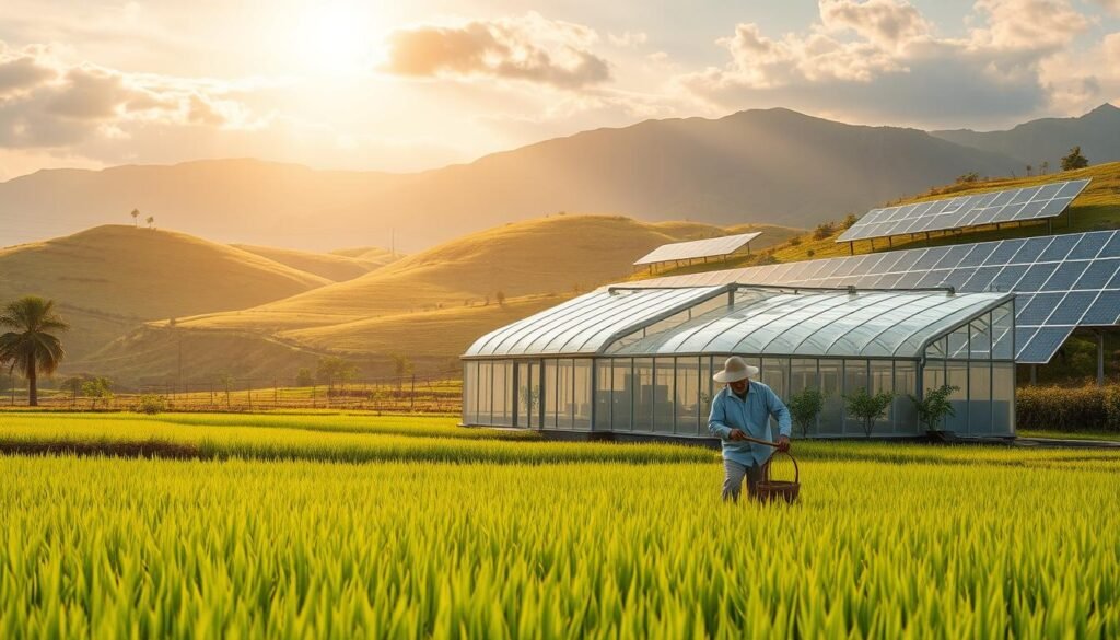 A tranquil landscape blending traditional and digital elements. In the foreground, a farmer tenderly tends to a verdant rice paddy, using a wooden hoe and hand-woven basket. The middle ground features a modern greenhouse, its sleek glass panels and robotic irrigation system juxtaposed against the rustic scene. In the background, a rolling hillside is dotted with solar panels, their geometric forms in harmony with the natural contours. Warm, golden sunlight filters through wispy clouds, casting a serene glow over the entire composition. The scene conveys a sense of harmony between ancient practices and cutting-edge technology, a symbol of Rayyan and Aura Farming's embrace of tradition and innovation.
