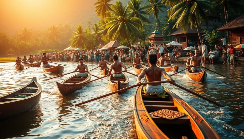 A vibrant scene of the traditional Pacu Jalur boat race, capturing the essence of Nusantara's rich cultural heritage. In the foreground, sleek, hand-carved wooden boats glide across a tranquil river, their hulls adorned with intricate patterns and vibrant colors. Oarsmen, their muscles rippling, propel the boats forward with synchronized strokes, their faces etched with determination. In the middle ground, spectators line the riverbanks, their excited cheers and laughter echoing across the water. The background is a lush, verdant landscape, dotted with swaying palm trees and ancient structures, providing a timeless backdrop to this captivating scene. Warm, golden sunlight filters through the scene, casting a dreamy, nostalgic atmosphere and highlighting the timeless beauty of this beloved cultural tradition.
