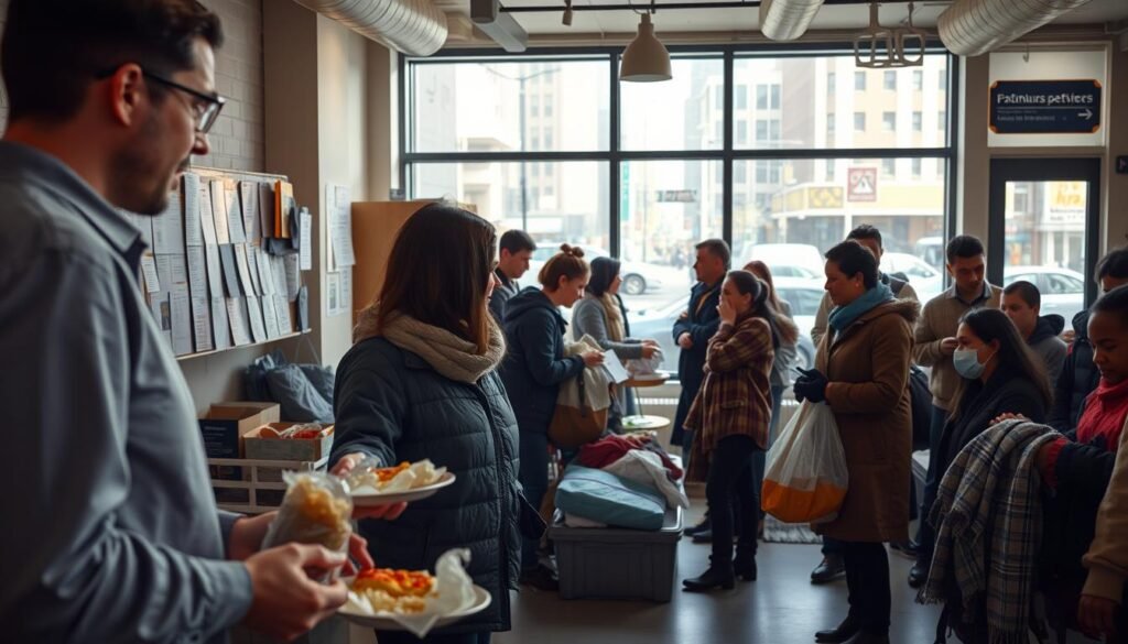 A warm, vibrant scene of a community organization assisting individuals experiencing homelessness. In the foreground, a caseworker in professional attire speaks with a person in need, offering a hot meal and supplies. Behind them, volunteers distribute clothing, hygiene kits, and blankets to a diverse group of recipients. The middle ground depicts the interior of a cozy community center, with informative posters on the walls and a sense of welcoming. In the background, a view through large windows shows the bustling streets of a city, emphasizing the organization's role in bridging the gap between the homeless and the broader community. Soft, natural lighting illuminates the scene, conveying a tone of compassion, empowerment, and human connection.