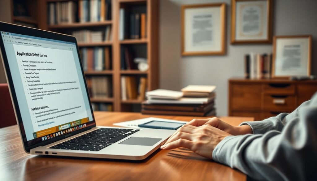 A well-lit, high-resolution image of an online academic selection process. In the foreground, a laptop screen displays a website with application forms and submission guidelines. A pair of hands types intently on the keyboard. In the middle ground, neatly organized documents, certificates, and a tablet lie on a wooden desk. Soft, warm lighting casts a focused, studious atmosphere. In the background, a bookshelf filled with academic texts and a certificate or diploma framed on the wall, suggesting a scholarly environment. The overall scene conveys a sense of diligence, professionalism, and the rigor of the online academic selection process.