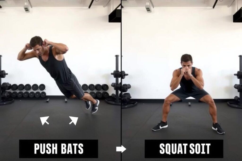 Demonstrasi teknik superset dengan latihan push-up dan squat untuk strategi latihan pembentukan otot dan pembakaran lemak Demonstrasi teknik superset dengan latihan push-up dan squat untuk strategi latihan pembentukan otot dan pembakaran lemak