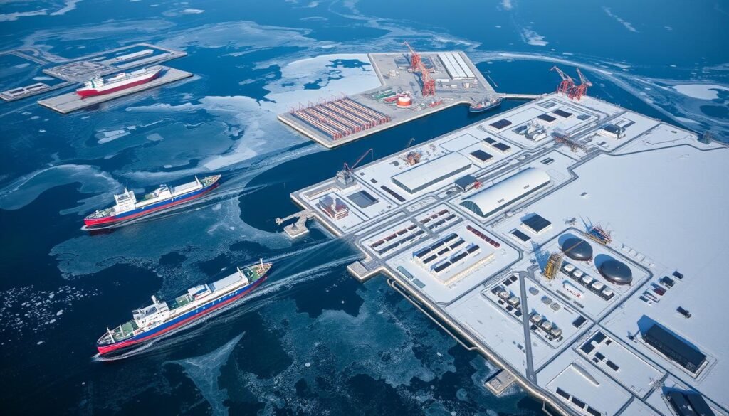 Foto infrastruktur Rusia di Siberia Arktik, termasuk pelabuhan dan fasilitas ekstraksi sumber daya, elemen penting dalam Geopolitik Arktik Foto infrastruktur Rusia di Siberia Arktik, termasuk pelabuhan dan fasilitas ekstraksi sumber daya, elemen penting dalam Geopolitik Arktik