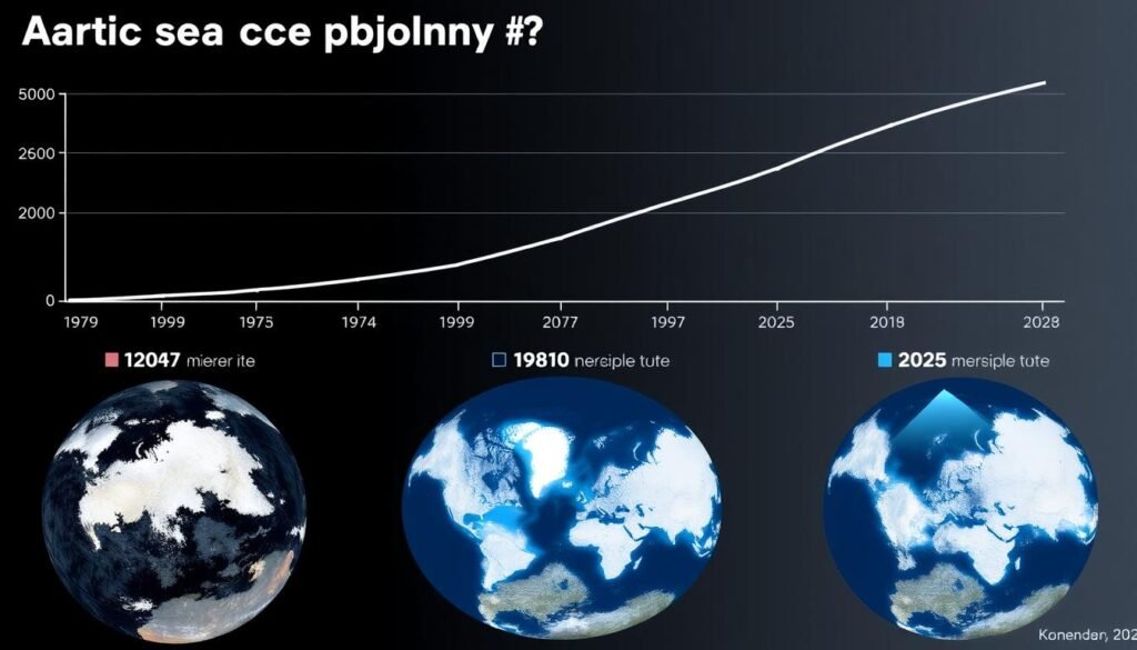 Grafik menunjukkan penurunan tutupan es Arktik dari tahun 1979-2025 dan proyeksi jalur pelayaran baru, faktor kunci dalam Geopolitik Arktik Grafik menunjukkan penurunan tutupan es Arktik dari tahun 1979-2025 dan proyeksi jalur pelayaran baru, faktor kunci dalam Geopolitik Arktik
