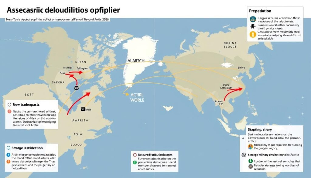 Ilustrasi menunjukkan implikasi global dari Geopolitik Arktik, termasuk jalur perdagangan baru dan dampak lingkungan Ilustrasi menunjukkan implikasi global dari Geopolitik Arktik, termasuk jalur perdagangan baru dan dampak lingkungan