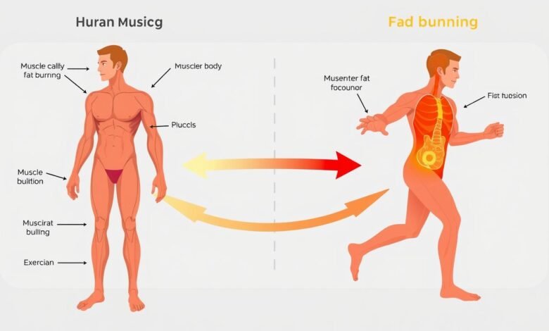 Ilustrasi metabolisme tubuh selama latihan pembentukan otot dan pembakaran lemak