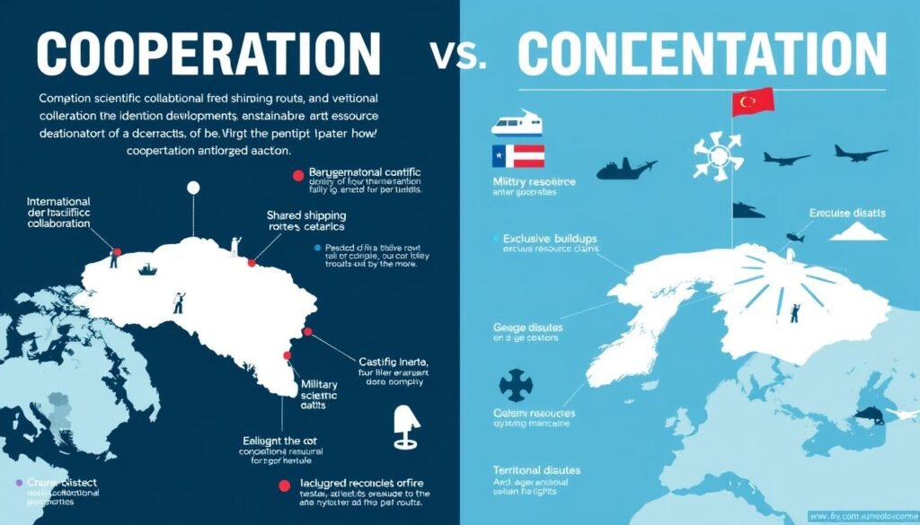 Infografik menunjukkan dua skenario masa depan untuk Arktik: kerja sama internasional vs konfrontasi militer, proyeksi penting dalam Geopolitik Arktik Infografik menunjukkan dua skenario masa depan untuk Arktik: kerja sama internasional vs konfrontasi militer, proyeksi penting dalam Geopolitik Arktik