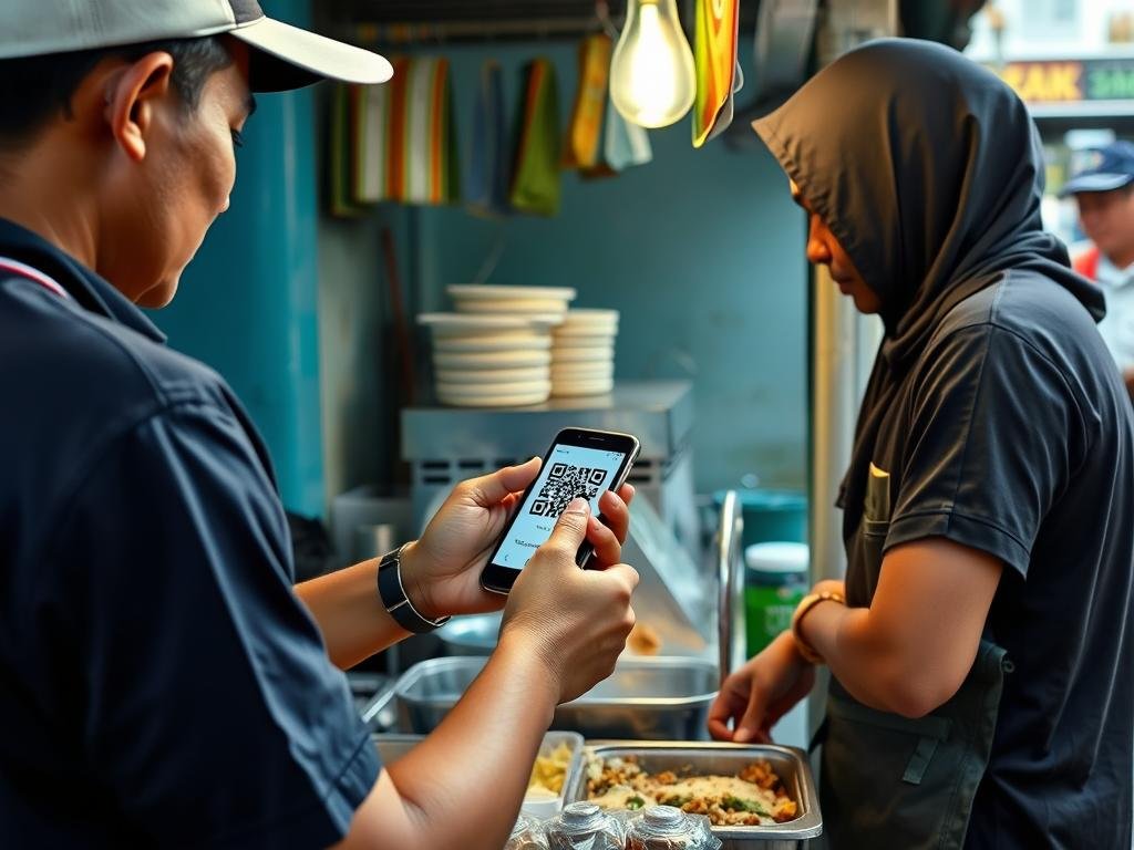 Pengguna QRIS melakukan pembayaran di merchant lokal, menunjukkan pertumbuhan pembayaran digital Indonesia 2025 Pengguna QRIS melakukan pembayaran di merchant lokal, menunjukkan pertumbuhan pembayaran digital Indonesia 2025