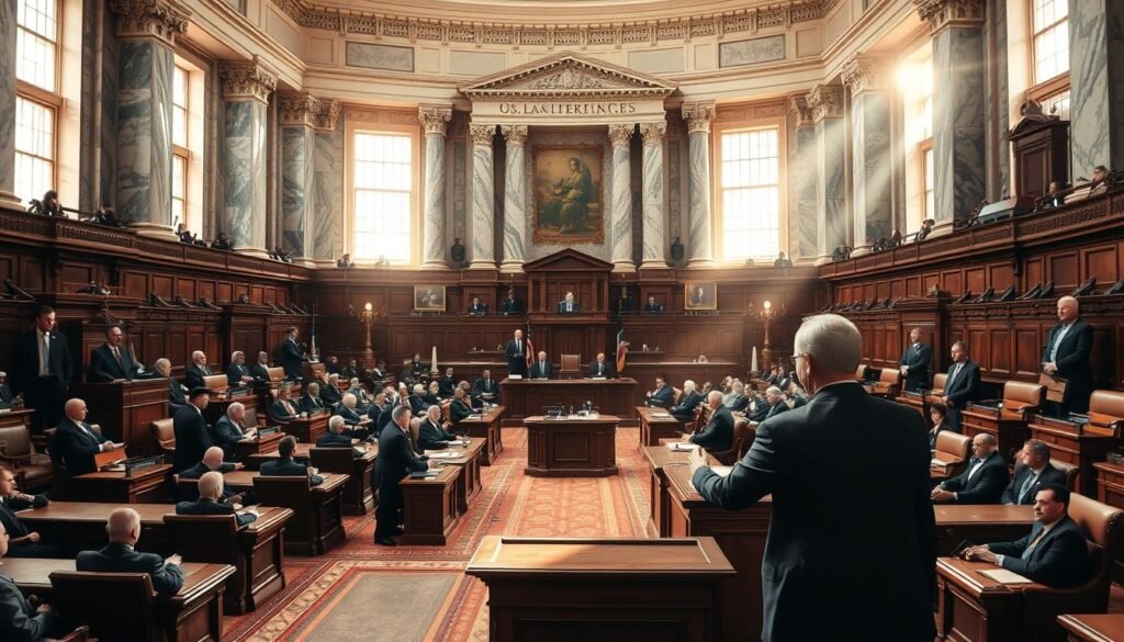 Proses Legislasi: A solemn, authoritative scene of the legislative process. A grand, ornate parliamentary chamber with marble columns and high ceilings. Rows of mahogany desks and plush leather chairs occupied by distinguished legislators in formal attire, engaged in lively debate. Sunlight streams through large windows, casting a warm glow over the proceedings. In the foreground, a podium where a speaker addresses the assembly, their words carrying the weight of the law. An atmosphere of gravity and civic duty pervades the space, reflecting the gravity of the lawmaking process.