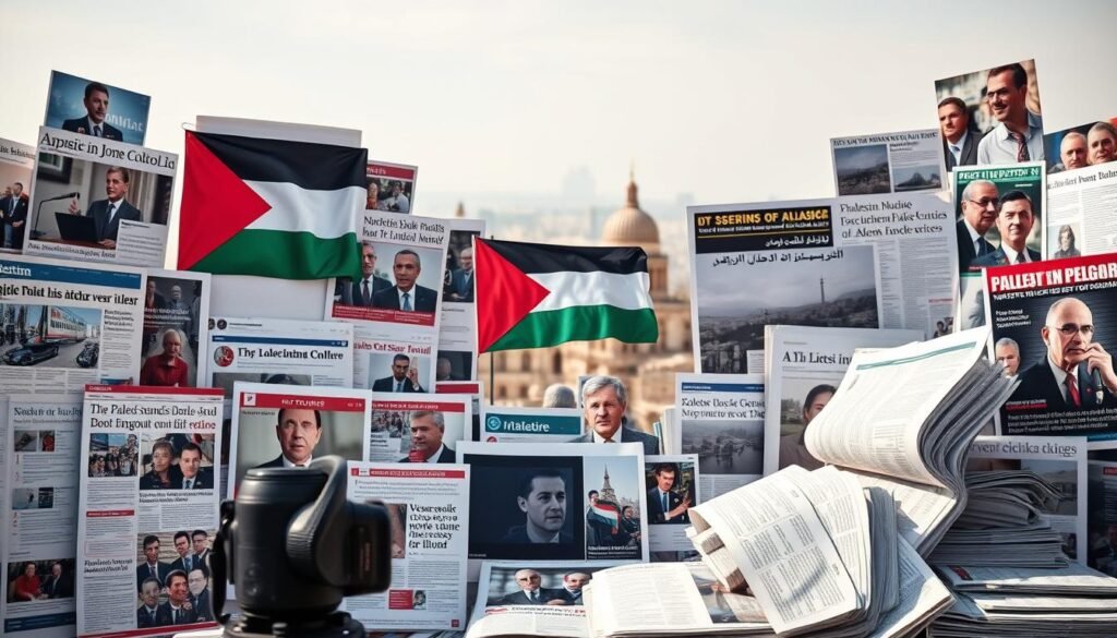 a photo-realistic image of the public perception of Palestine in international media, depicting a collage of news headlines, social media posts, and commentary surrounding the Palestinian-Israeli conflict, captured with a wide-angle lens and soft natural lighting to convey a sense of objectivity and impartiality. The foreground showcases a diverse range of perspectives, both sympathetic and critical, displayed on digital screens and printed pages. The middle ground features symbolic imagery, such as the Palestinian flag or iconic landmarks, framed by a visually striking layout. The background blurs into a hazy, neutral setting, allowing the central focus to remain on the varied representations of Palestine in the global discourse.