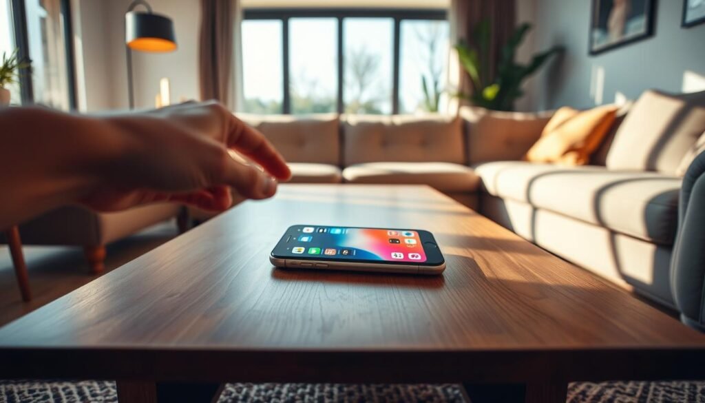 A cozy, modern living room setting featuring an older iPhone displayed prominently on a sleek wooden coffee table, showcasing its interface with vivid colors. The background includes a comfortable couch and a large window through which soft afternoon light streams in, casting gentle shadows. In the foreground, a hand reaches towards the iPhone as if about to touch the screen, symbolizing the ongoing relevance of legacy devices in today's tech landscape. Add a subtle focus blur to the background to draw attention to the device, while ensuring the overall atmosphere feels warm and inviting, reflecting nostalgia and innovation.