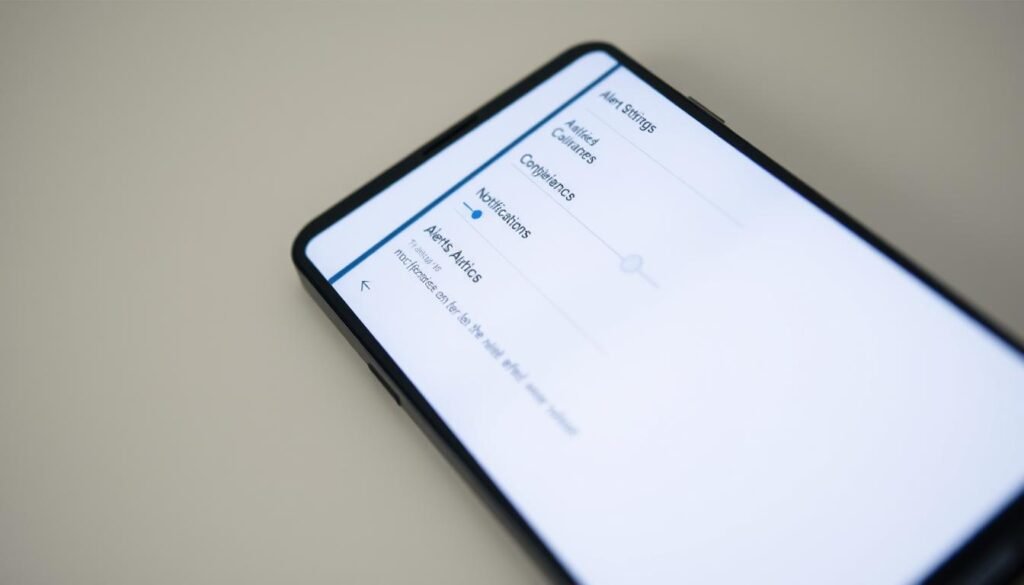 A high-resolution image of the alerts settings screen on a stock Android device. The screen features a clean, minimalist interface with various toggles and sliders to control notification preferences. The device is positioned at a slight angle, capturing the screen in crisp detail under soft, even lighting. The background is a muted, neutral tone, allowing the alerts settings interface to be the focal point. The overall mood is one of simplicity and functionality, conveying the ease of customizing notification behaviors on an Android smartphone.