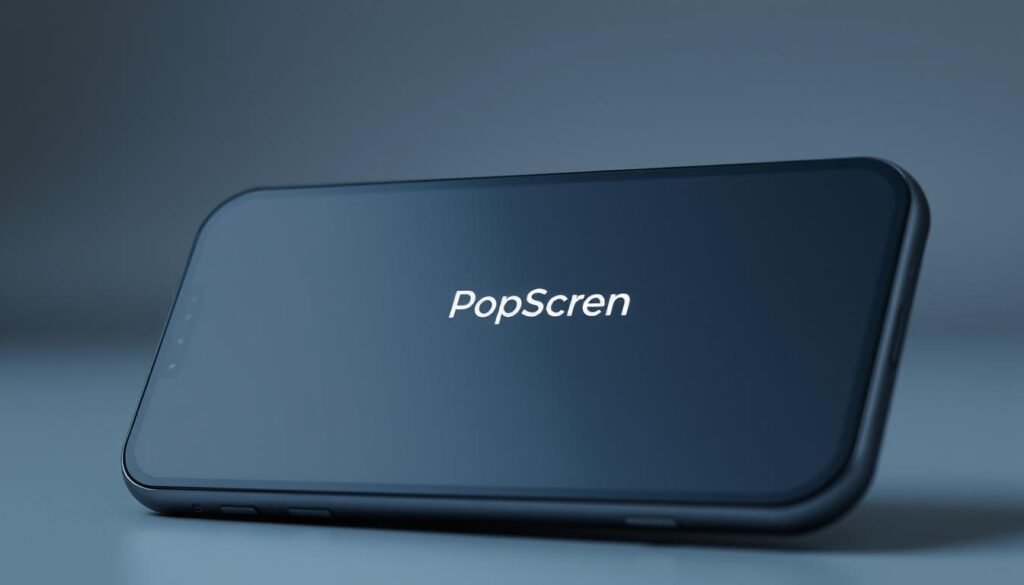 A sleek, modern-looking smartphone display with a minimalist user interface, featuring a prominent "PopScreen" icon against a dark, slightly blurred background. The screen should appear to be free of any cluttered UI elements, ads, or pop-ups, conveying a sense of clean, uninterrupted usability. Use a neutral, cool-toned color palette with muted grays and blues to create a professional, technology-focused atmosphere. Employ soft lighting from the side to create gentle shadows and highlights, emphasizing the device's form and materials. Capture the screen at a slightly high-angled perspective to suggest an effortless, hands-off interaction.