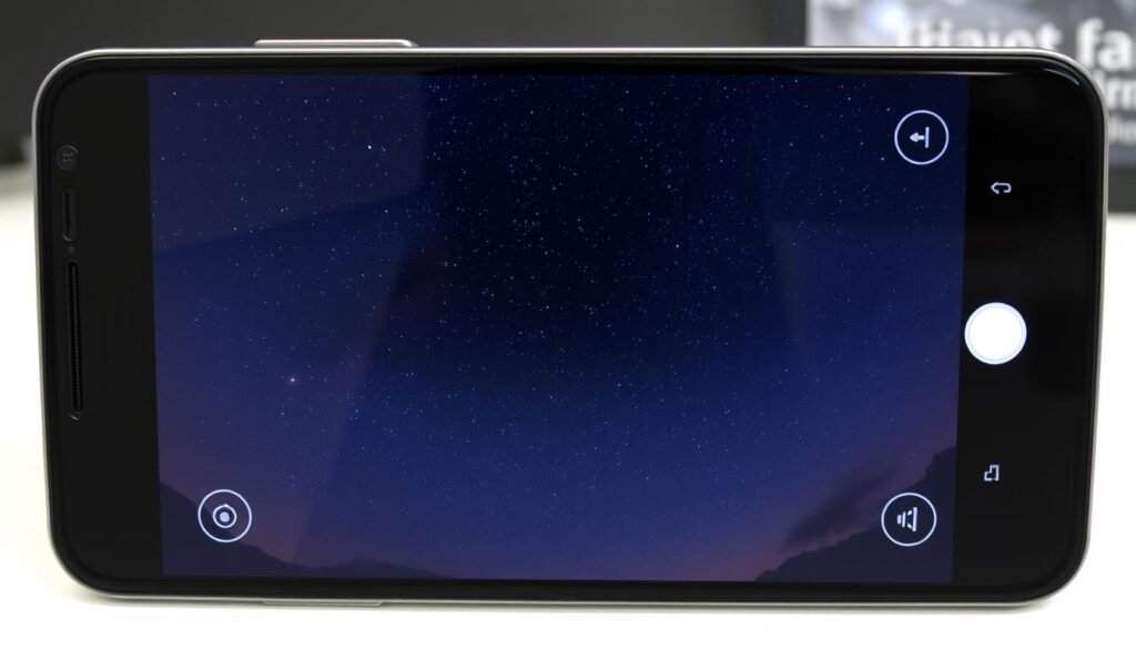 A sleek, modern smartphone camera application interface, featuring an intuitive layout with various settings and shooting modes. The screen displays a rich, detailed night sky in the background, showcasing the app's astrophotography capabilities. Prominent controls for exposure, white balance, and lens selection are present, allowing for precise control over the capture of night sky imagery. The interface has a clean, minimalist aesthetic with subtle highlights and a dark color scheme to avoid light pollution. The overall impression is of a powerful, user-friendly tool tailored for advanced smartphone photography of the celestial realm. A sleek, modern smartphone camera application interface, featuring an intuitive layout with various settings and shooting modes. The screen displays a rich, detailed night sky in the background, showcasing the app's astrophotography capabilities. Prominent controls for exposure, white balance, and lens selection are present, allowing for precise control over the capture of night sky imagery. The interface has a clean, minimalist aesthetic with subtle highlights and a dark color scheme to avoid light pollution. The overall impression is of a powerful, user-friendly tool tailored for advanced smartphone photography of the celestial realm.