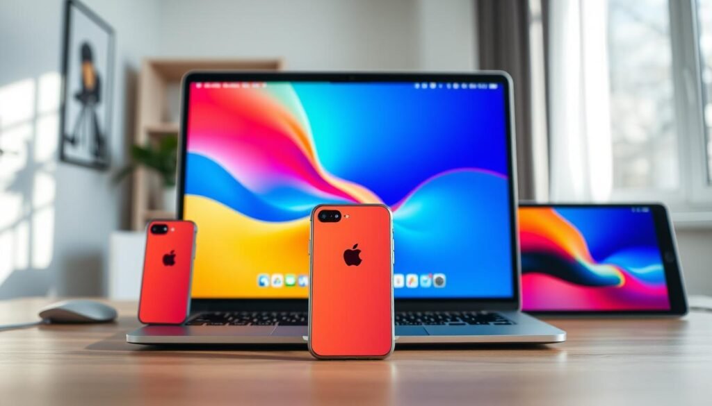 A sleek workspace showcasing the integration of Apple devices, featuring a modern MacBook displaying its desktop alongside an iPhone and an iPad in vibrant colors. The foreground presents the devices in focus, highlighting their harmonious design and seamless connectivity. In the middle, a subtle glow emanates from the devices' screens, creating an inviting atmosphere. The background includes a minimalist home office setting with soft, natural lighting filtering through a window, casting gentle shadows. The overall mood is innovative and professional, suggesting advanced technology in a warm and creative environment. The composition should be shot with a 35mm lens, capturing a slight depth of field that emphasizes the devices while maintaining a clear view of the workspace.
