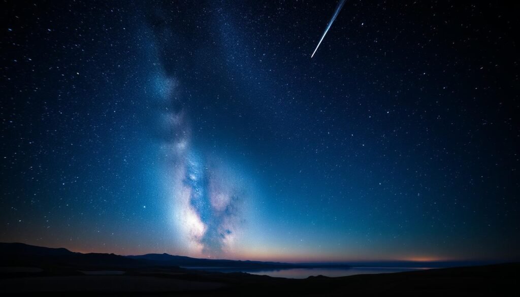 A stunning night sky with a dreamy, ethereal atmosphere. The foreground features a serene landscape with rolling hills or a tranquil body of water reflecting the celestial display. The middle ground showcases a breathtaking array of stars, galaxies, and nebulae, captured with a wide-angle, low-light lens. The background is a deep, inky black, dotted with twinkling stars and the occasional shooting star or meteor shower. The lighting is soft and natural, creating a sense of depth and dimension. The overall composition is balanced and visually striking, perfectly capturing the beauty and wonder of the night sky for astrophotography. A stunning night sky with a dreamy, ethereal atmosphere. The foreground features a serene landscape with rolling hills or a tranquil body of water reflecting the celestial display. The middle ground showcases a breathtaking array of stars, galaxies, and nebulae, captured with a wide-angle, low-light lens. The background is a deep, inky black, dotted with twinkling stars and the occasional shooting star or meteor shower. The lighting is soft and natural, creating a sense of depth and dimension. The overall composition is balanced and visually striking, perfectly capturing the beauty and wonder of the night sky for astrophotography.