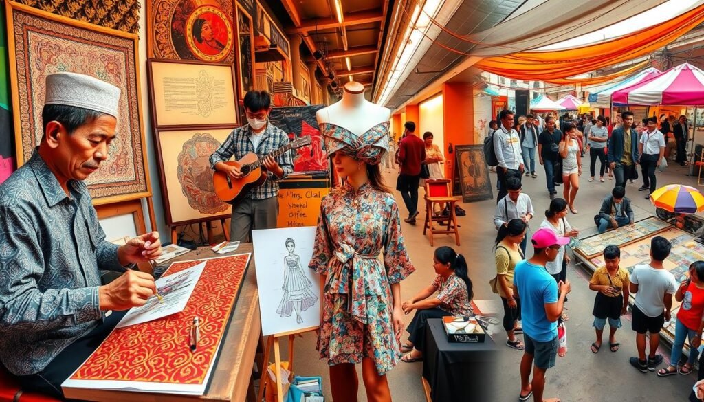 A vibrant collage showcasing the diverse creative industries of Indonesia, emphasizing traditional art, music, fashion, and digital innovations. In the foreground, a skilled artist paints a traditional Batik pattern, while a musician plays a gamelan, dressed in professional attire. The middle ground features a fashion designer draping a unique outfit inspired by Indonesian culture, surrounded by fashion sketches. In the background, a bustling street fair highlights local artisans and creatives engaging with visitors, all under warm, natural lighting. The scene conveys a lively atmosphere, celebrating the rich heritage and contemporary evolution of Indonesia's creative landscape, using a wide-angle lens to capture the essence of community and collaboration. A vibrant collage showcasing the diverse creative industries of Indonesia, emphasizing traditional art, music, fashion, and digital innovations. In the foreground, a skilled artist paints a traditional Batik pattern, while a musician plays a gamelan, dressed in professional attire. The middle ground features a fashion designer draping a unique outfit inspired by Indonesian culture, surrounded by fashion sketches. In the background, a bustling street fair highlights local artisans and creatives engaging with visitors, all under warm, natural lighting. The scene conveys a lively atmosphere, celebrating the rich heritage and contemporary evolution of Indonesia's creative landscape, using a wide-angle lens to capture the essence of community and collaboration.