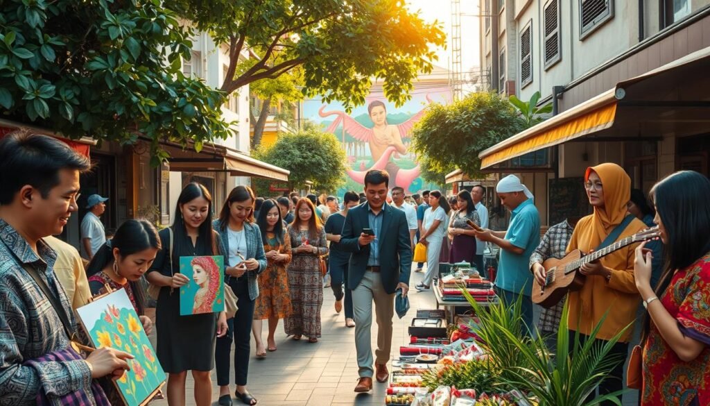 A vibrant street scene showcasing the creativity of Indonesian daily life in a bustling urban setting. In the foreground, a group of diverse individuals dressed in professional attire engage in various artistic activities, such as painting, crafting traditional batik, and designing modern fashion. In the middle ground, artisan stalls feature handmade crafts, local cuisine being prepared, and musicians playing traditional instruments, all enhancing the cultural atmosphere. The background reveals a colorful mural depicting Indonesian heritage, with lush greenery framing the scene. The lighting is warm and inviting, emphasizing the energy of the community during golden hour. The overall mood is joyous and inspiring, reflecting the dynamic essence of Indonesia's creative industry. A vibrant street scene showcasing the creativity of Indonesian daily life in a bustling urban setting. In the foreground, a group of diverse individuals dressed in professional attire engage in various artistic activities, such as painting, crafting traditional batik, and designing modern fashion. In the middle ground, artisan stalls feature handmade crafts, local cuisine being prepared, and musicians playing traditional instruments, all enhancing the cultural atmosphere. The background reveals a colorful mural depicting Indonesian heritage, with lush greenery framing the scene. The lighting is warm and inviting, emphasizing the energy of the community during golden hour. The overall mood is joyous and inspiring, reflecting the dynamic essence of Indonesia's creative industry.