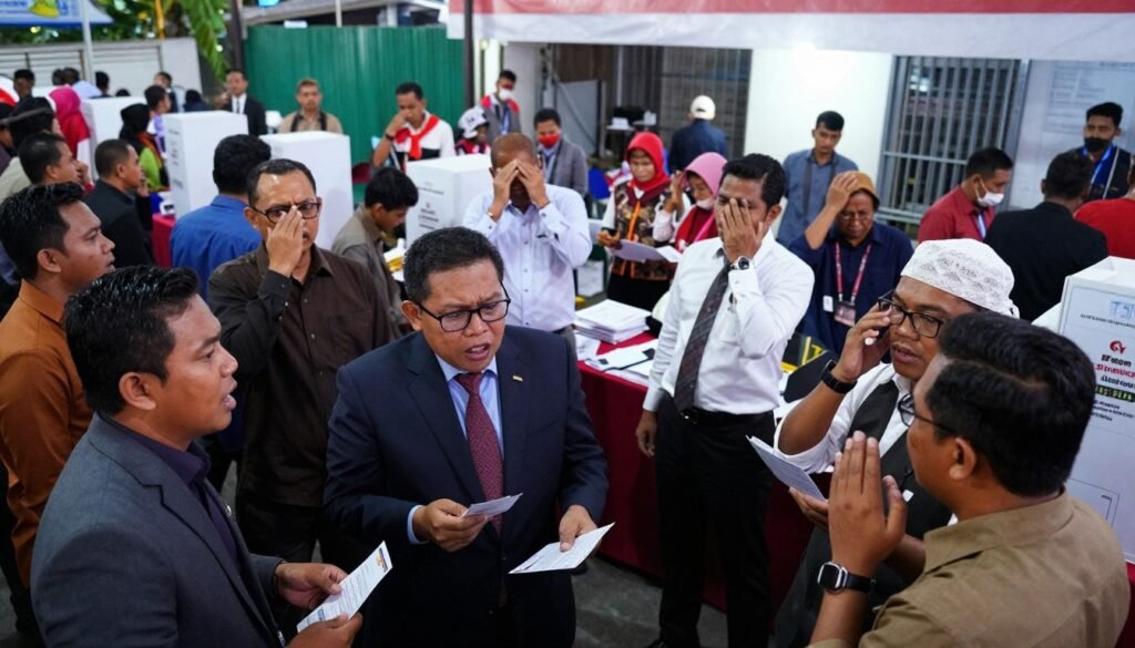 A chaotic scene depicting the turmoil of an Indonesian local election with a bustling urban setting as the background. In the foreground, a diverse group of voters in professional business attire displays a mix of confusion and excitement, engaged in animated discussions while holding ballots. The middle ground features election officials in formal clothing, looking stressed as they manage a chaotic polling station with scattered voting materials. Bright artificial lighting gives an urgent atmosphere, enhancing the sense of tension. The angle captures a wide view of the scene, emphasizing the crowded nature of the event. Vivid colors in the surroundings convey the dynamic energy and unpredictability of the election day chaos.