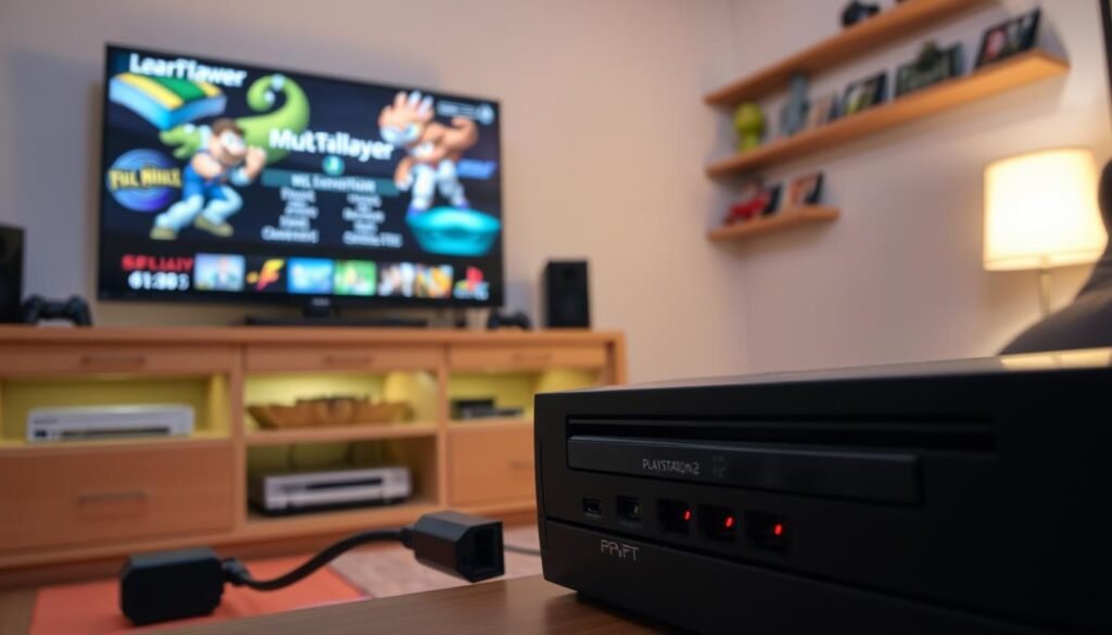 A cozy gaming room featuring a PlayStation 2 console connected to a network adapter, set up for online play. In the foreground, there’s a close-up of the console with illuminated LED lights, emphasizing its connection status. The middle ground shows a television screen displaying the multiplayer menu, with vibrant graphics and icons depicting online gameplay. In the background, soft ambient lighting creates a warm atmosphere, with shelves lined with classic game discs and gaming figurines, hinting at nostalgia. The scene captures the excitement of testing the network connection, inviting viewers into the world of multiplayer gaming. The image should convey a sense of anticipation and engagement in a safe and comfortable setting, without any clutter or distractions.