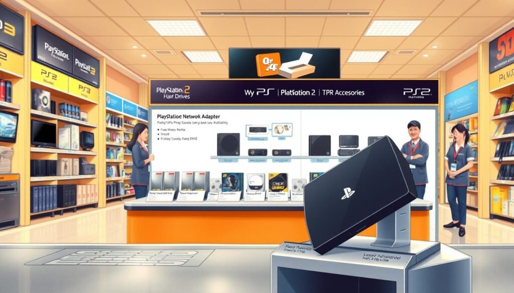 A detailed illustration of a PlayStation 2 Network Adapter in a store setting in Indonesia, showcasing its features prominently in the foreground. The adapter should be on a sleek, modern display stand with informative labels. In the middle ground, include a well-organized shelf featuring compatible hard drives and accessories, emphasizing their availability. The background should depict a bright, inviting electronics store with well-lit aisles and friendly staff dressed in professional attire. Use soft, natural lighting to create a warm, welcoming atmosphere. Capture the scene from a slightly elevated angle to give depth, focusing on the products while also giving a sense of the store environment. The overall mood should be informative yet approachable, appealing to potential buyers.