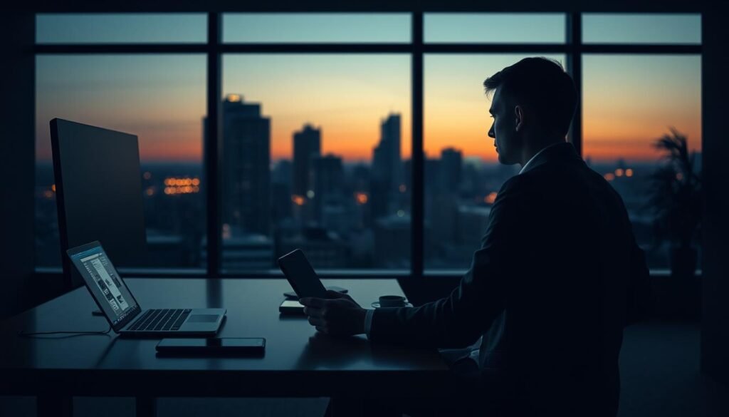 A dimly lit, modern office space serves as the foreground, where a solitary figure, dressed in smart casual attire, sits in front of a glowing computer screen, their face illuminated by the light of social media feeds. In the middle, a sleek desk is cluttered with digital devices—smartphone, tablet, and laptop—symbolizing an overwhelming digital presence. In the background, a large window reveals a cityscape at dusk, casting a moody ambiance with soft, fading daylight. Shadows loom to enhance the feeling of isolation, with the juxtaposition of vibrant social media icons appearing starkly against the figure's melancholic expression. The overall scene conveys a sense of loneliness amidst technological connectivity, capturing the essence of social media's paradoxical role in increasing feelings of solitude. A dimly lit, modern office space serves as the foreground, where a solitary figure, dressed in smart casual attire, sits in front of a glowing computer screen, their face illuminated by the light of social media feeds. In the middle, a sleek desk is cluttered with digital devices—smartphone, tablet, and laptop—symbolizing an overwhelming digital presence. In the background, a large window reveals a cityscape at dusk, casting a moody ambiance with soft, fading daylight. Shadows loom to enhance the feeling of isolation, with the juxtaposition of vibrant social media icons appearing starkly against the figure's melancholic expression. The overall scene conveys a sense of loneliness amidst technological connectivity, capturing the essence of social media's paradoxical role in increasing feelings of solitude.