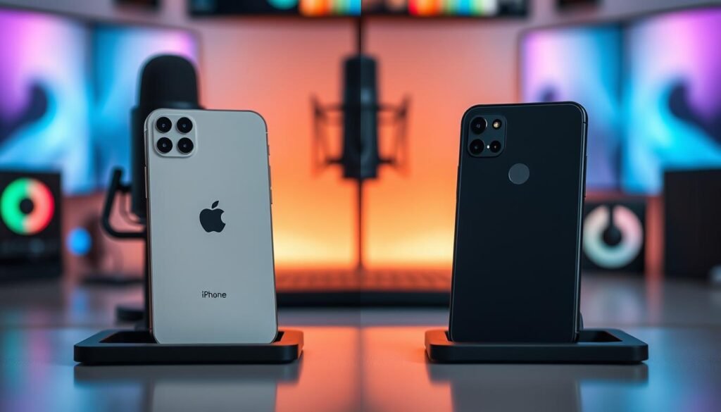 A dynamic split-screen image showcasing the comparison between the iPhone SE 3 and the Pixel 7a, both positioned at eye level on a sleek modern desk. On the left, the iPhone SE 3 is elegantly highlighted with its glossy finish and distinct round edges, while the Pixel 7a is on the right, featuring its unique camera design and vibrant colors. The background includes blurred elements of a gaming setup, like a microphone and RGB lights, to convey an immersive live streaming atmosphere. Soft, ambient lighting glows from behind the devices, creating a warm and inviting mood. Use a shallow depth of field to focus on the smartphones while keeping the background slightly out of focus, enhancing the comparison between these two devices. The overall tone should be professional and appealing to gamers.