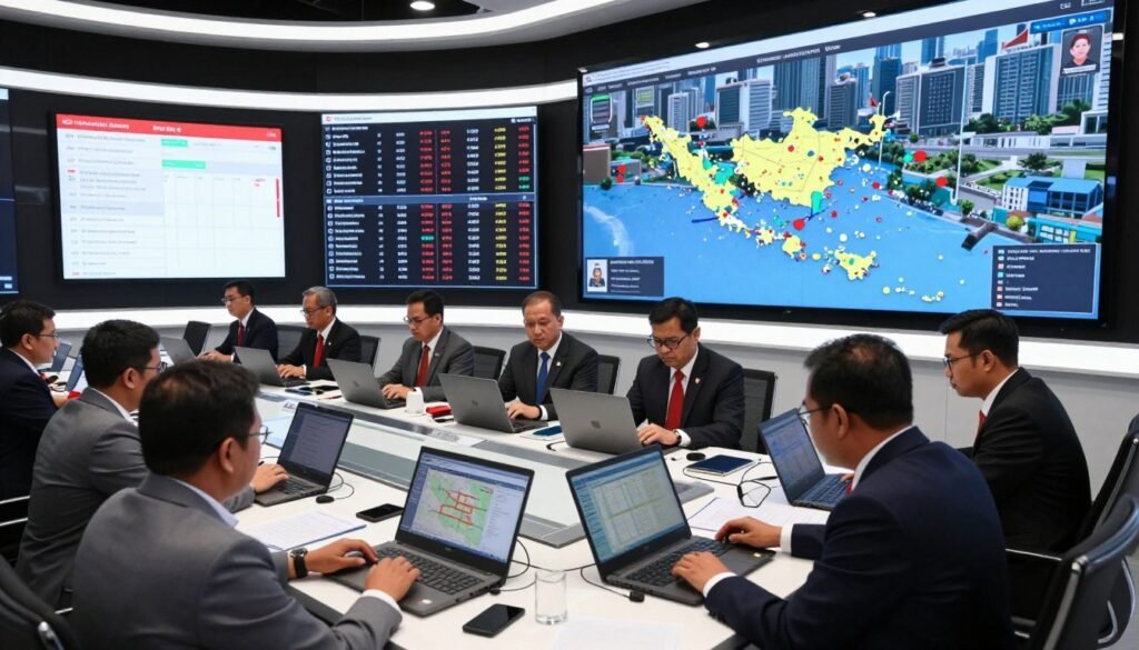 A scene depicting the security and integrity of the electoral process in Indonesia, showcasing a modern election command center. In the foreground, a diverse group of professionals in business attire collaborates around a sleek, high-tech table with laptops and digital maps, analyzing data and discussing strategies. In the middle ground, transparent screens display real-time voting statistics and security measures, while a large digital map of the country highlights polling locations. The background features a modern cityscape, symbolizing progress and transparency. The lighting is bright and focused, creating an atmosphere of urgency and professionalism. The composition should convey a sense of teamwork, vigilance, and the importance of secure elections, creating a hopeful and constructive mood.