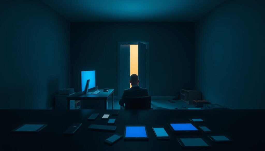 A stark contrast between technology and isolation, illustrating a dimly lit room filled with modern gadgets. In the foreground, a single person in professional business attire sits at a sleek, black desk, their face illuminated by the blue glow of a computer screen, reflecting deep concentration yet visible loneliness. The middle ground features various digital devices, such as smartphones and tablets, scattered around, symbolizing connectivity yet highlighting isolation. In the background, a closed door hints at the outside world, slightly ajar to let in a faint, warm light, creating a sense of longing. The mood is contemplative and somewhat melancholic, evoking the emotional struggle between technological progress and personal isolation, captured with soft shadows and cool colors to enhance the atmosphere. A stark contrast between technology and isolation, illustrating a dimly lit room filled with modern gadgets. In the foreground, a single person in professional business attire sits at a sleek, black desk, their face illuminated by the blue glow of a computer screen, reflecting deep concentration yet visible loneliness. The middle ground features various digital devices, such as smartphones and tablets, scattered around, symbolizing connectivity yet highlighting isolation. In the background, a closed door hints at the outside world, slightly ajar to let in a faint, warm light, creating a sense of longing. The mood is contemplative and somewhat melancholic, evoking the emotional struggle between technological progress and personal isolation, captured with soft shadows and cool colors to enhance the atmosphere.